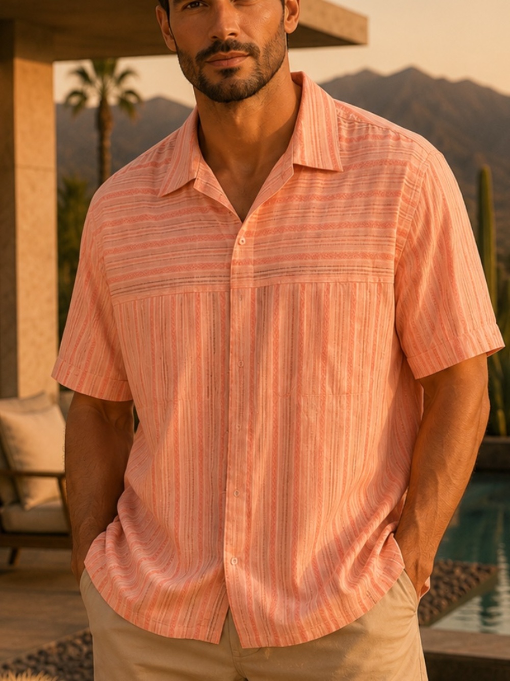 Mr Turk XXL Coral Striped Cotton Blend Camp Shirt
